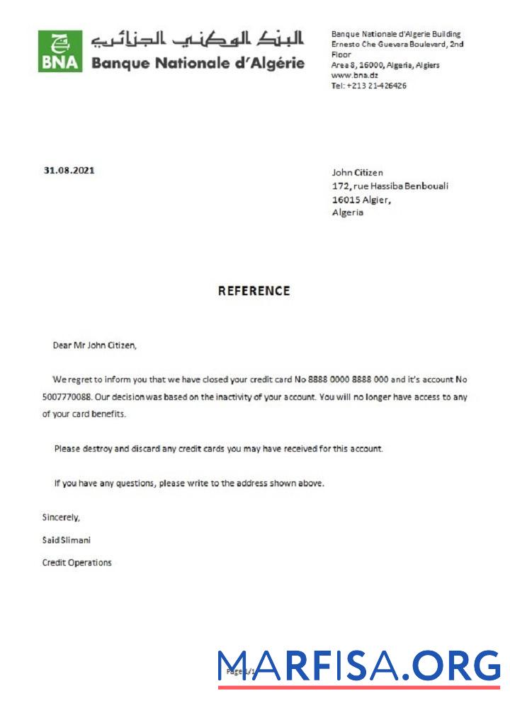 Downloadable Algeria Banque nationale closure reference example